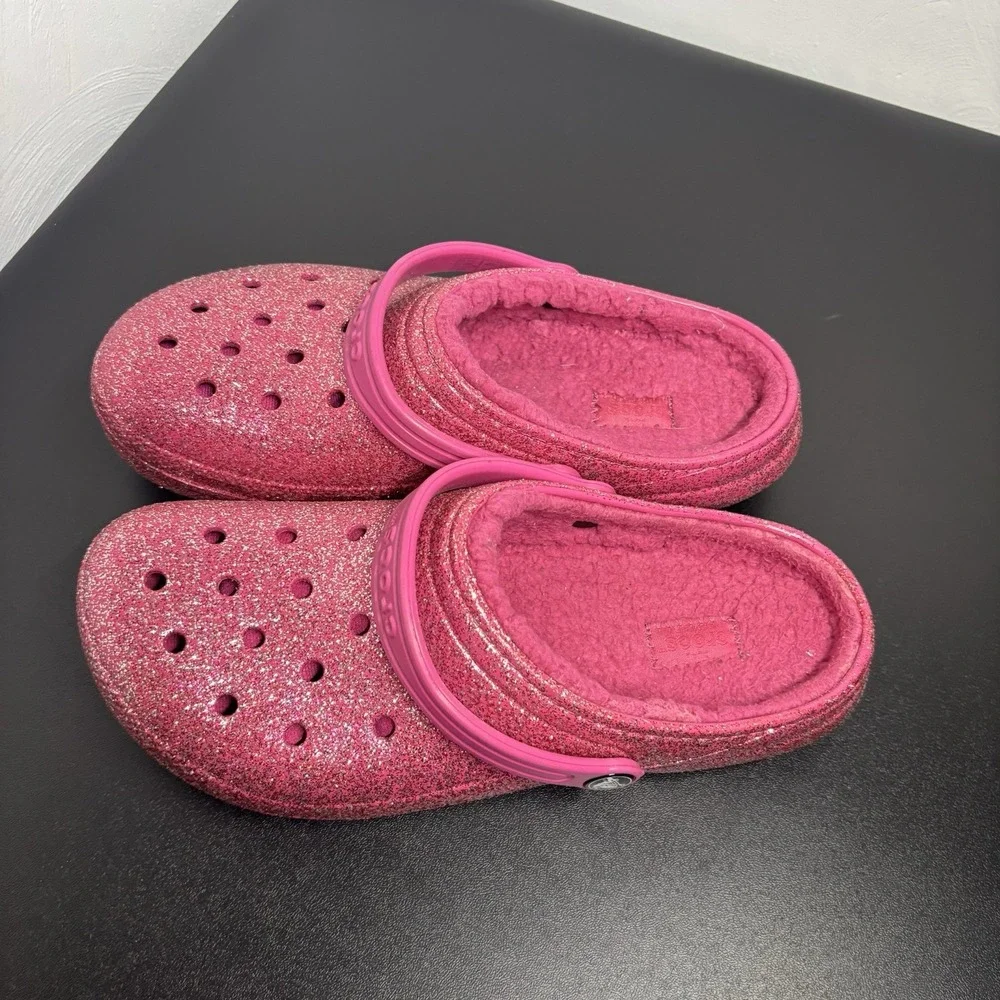 Crocs Classic Glitter Lined‎ Clogs Girls Sz 6 Fushia Pink
